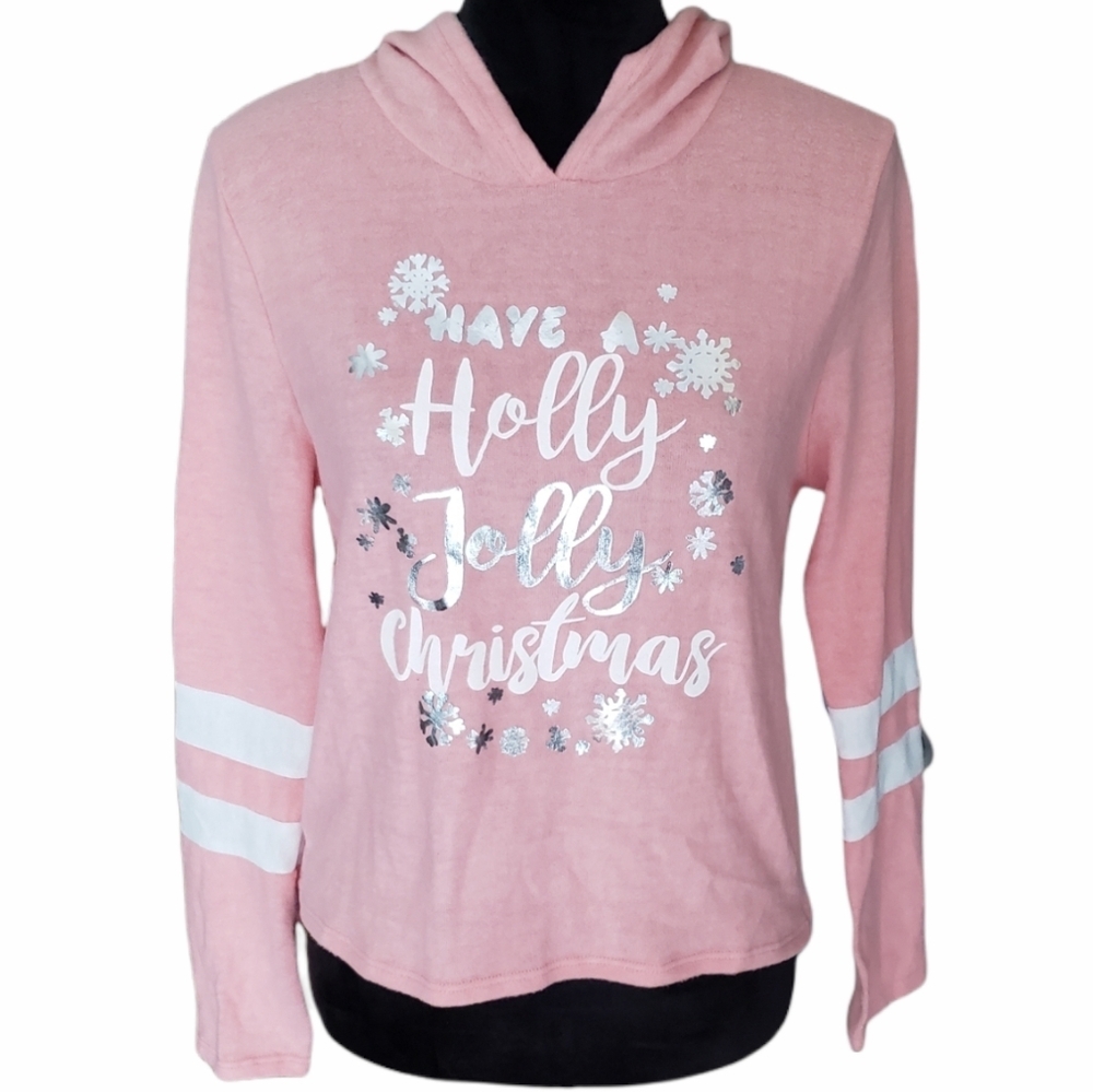 NWT Junior's Peony Pink Metallic "Have A Holly Jolly Christmas" Crop Hoodie